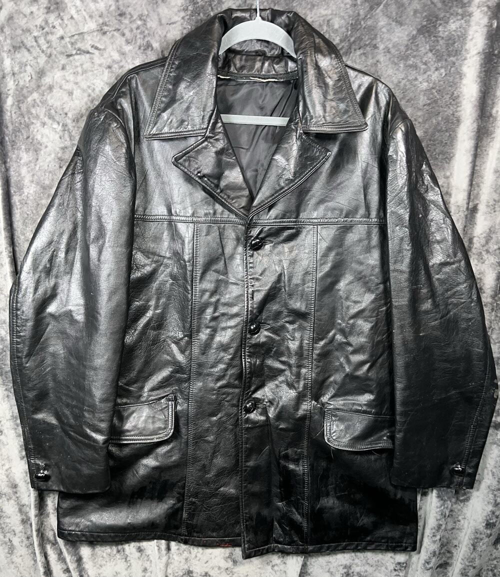 Vintage 80s Black Leather Car Coat Button Jacket Mens 44 XL Distressed